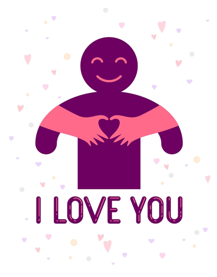 Vettore braccia d'amore che abbracciano l'amante e mostra le mani a forma di cuore, la donna amante che abbraccia il suo uomo e condivide l'amore, il logo dell'icona vettoriale o l'illustrazione in uno stile simbolico semplicistico.