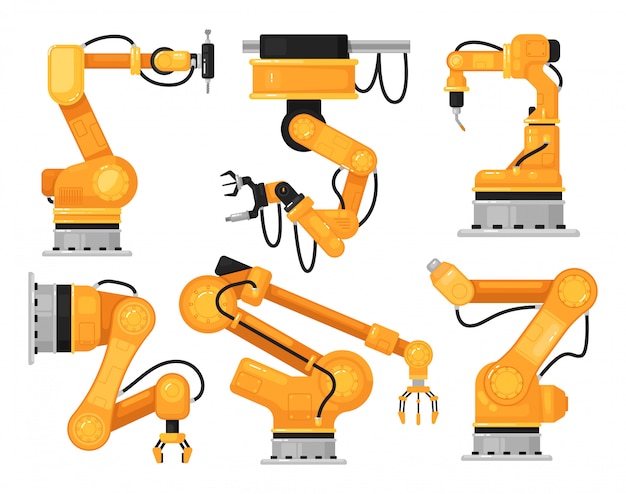 Braccio robot industriale. Mano macchina idraulica di fabbrica per la produzione automatica sul set di linee di produzione. Manipolatore del robot industriale dell'illustrazione automatizzata della catena di montaggio.