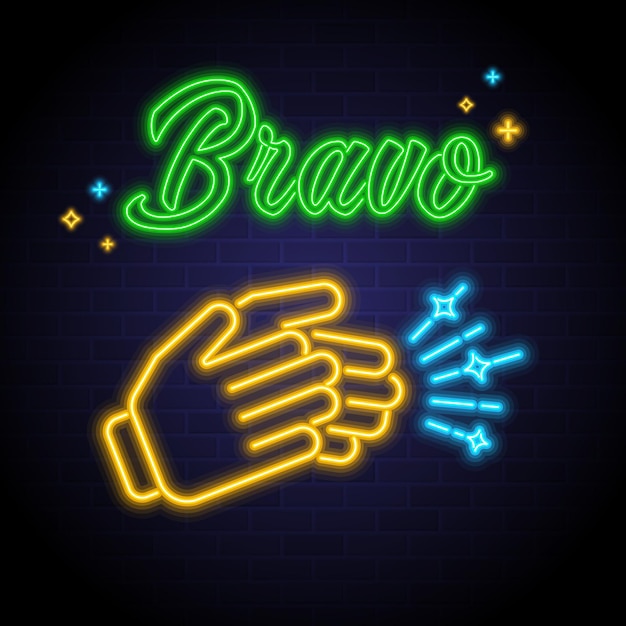 Bravo lettera e icona della mano di applauso con luce al neon incandescente illustrazione