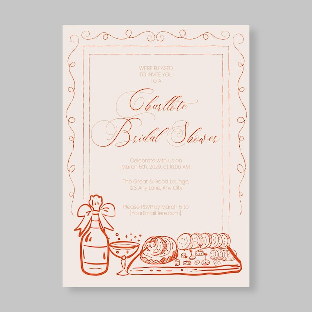 Bridal Brunch Hand Draw Blissful Minimalist Whimsical Invitation Template (Template di invito per il brunch nuziale disegnato a mano)
