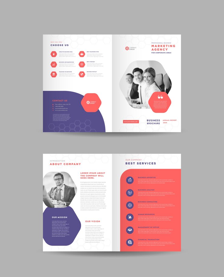 Vettore brochure aziendale bifold design, company profile handout design