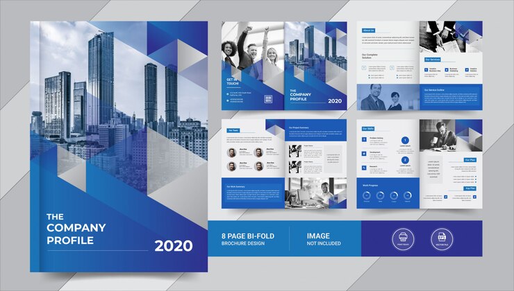 Vettore brochure aziendale di 8 pagine blu