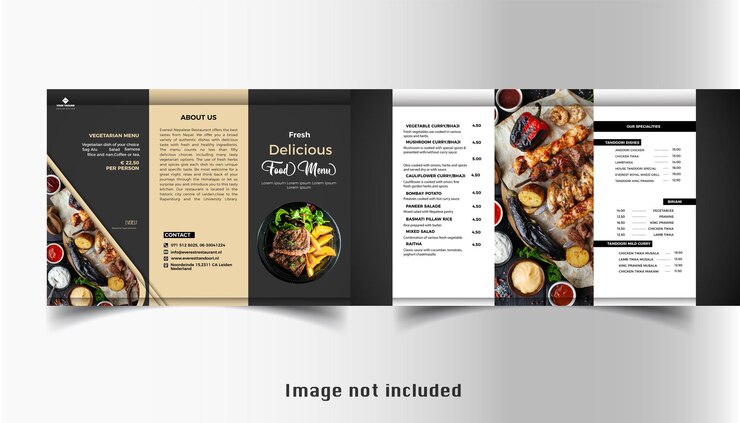 Vettore brochure del menu fast food del nuovo modello di brochure a tre ante per cibo per ristorante eps