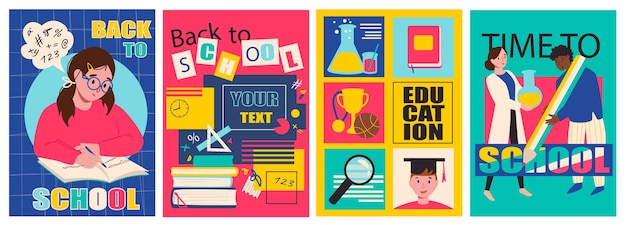 Brochure di copertina per il ritorno a scuola ambientata in un design piatto alla moda Modelli di poster con studentessa che fa i compiti, libri e articoli di cancelleria diverse lezioni e insegnante di scienze e allievo Illustrazione vettoriale