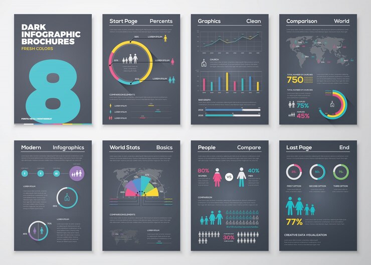 Brochure infografici con colori freschi su sfondo nero
