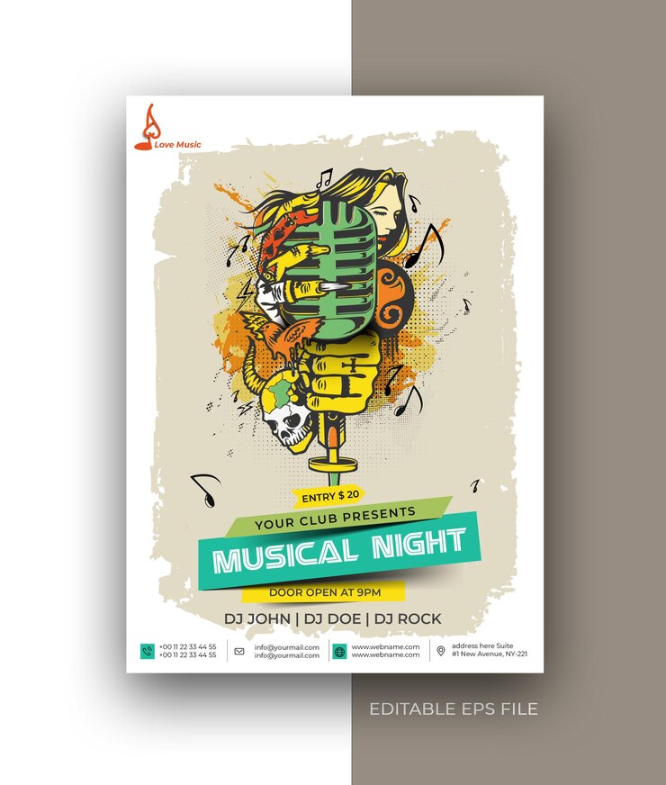 Vettore brochure poster volantino musicale modello di progettazione post promozione sui social media.
