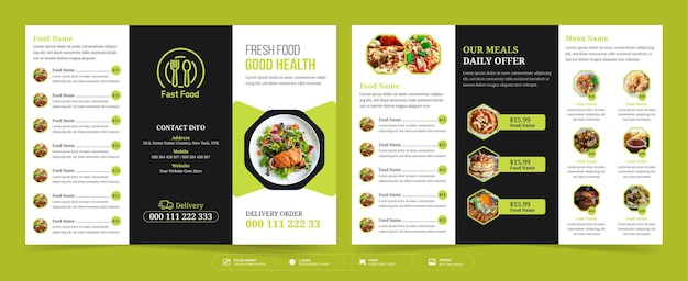 Brochure ripiegabile cibo, brochure ripiegabile menu ristorante, modello menu cibo