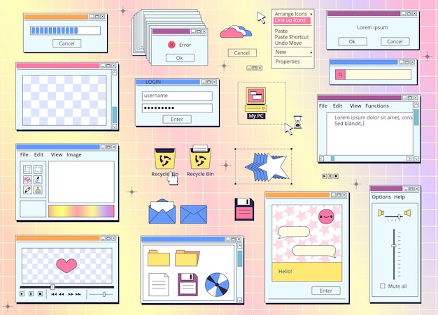 Browser retro screens Vintage interface window web screen pc 90s cyberspace website message folder tab programming hipster desktop 80s y2k internet kit classy vector illustration