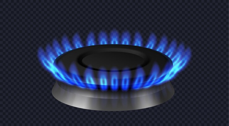 Vettore bruciatore a gas moderno con fiamma blu isolata su sfondo scuro trasparente. anello bruciatore a gas vista frontale. elemento del forno a propano butano con bruciatore realistico. illustrazione vettoriale