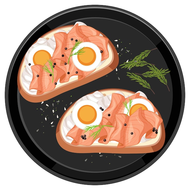 Bruschetta di salmone affumicato con guarnizione di uova su un piatto rotondo isolato