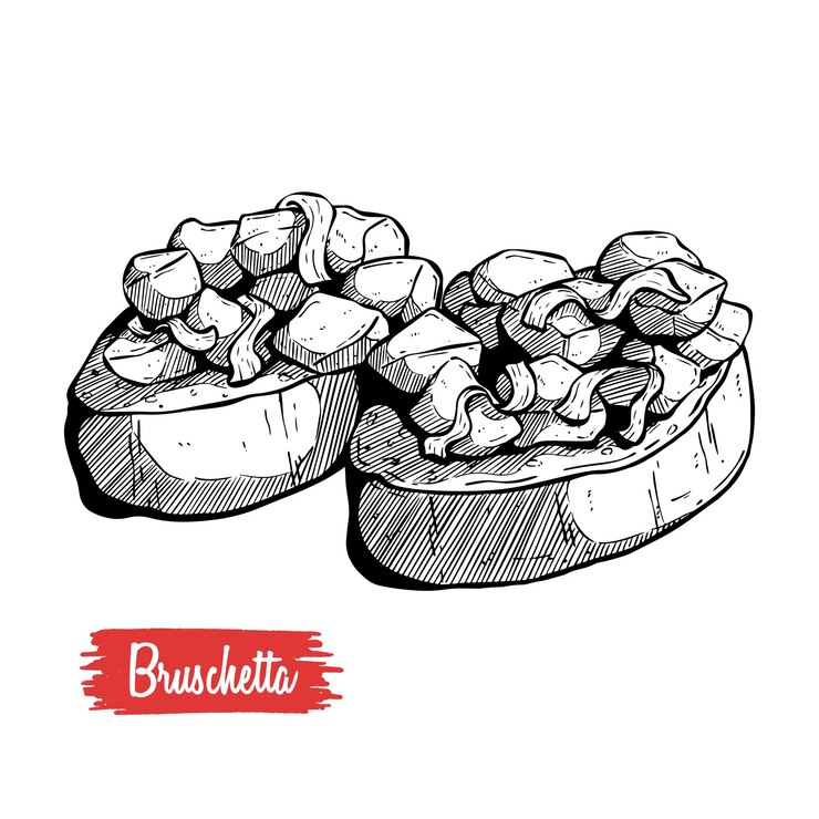 Bruschetta disegnata a mano Antipasto italiano con pomodoro, basilico, salmone Piatto di antipasto