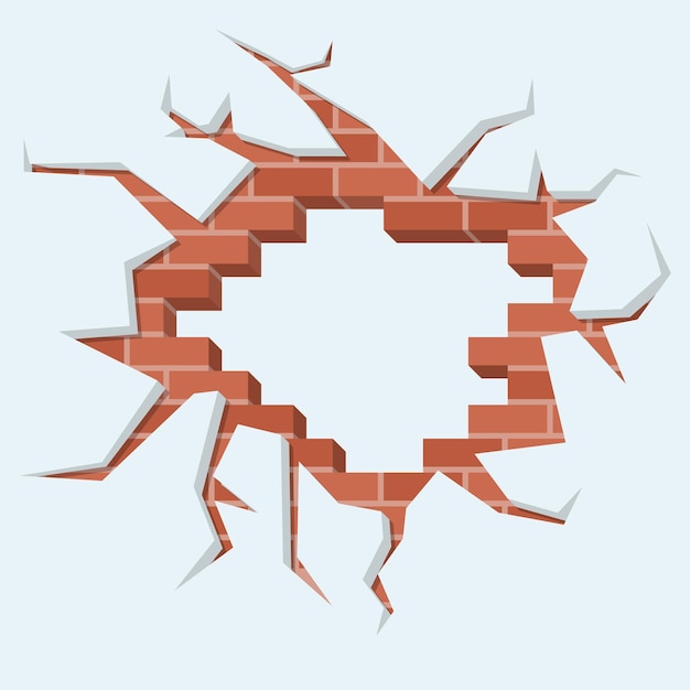 Buco nel muro Mattone distrutto cemento incrinato Rosso marrone rotto frantumato muratura Vecchia superficie di pietra Illustrazione vettoriale design piatto Modello grunge Parete danneggiata Intonaco squallido
