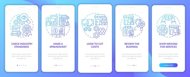 Budgeting per le piccole imprese introduzione sfumatura blu schermata dell'app mobile Procedura dettagliata 5 passaggi pagine di istruzioni grafiche con concetti lineari modello GUI UI UX Myriad ProBold Font regolari utilizzati