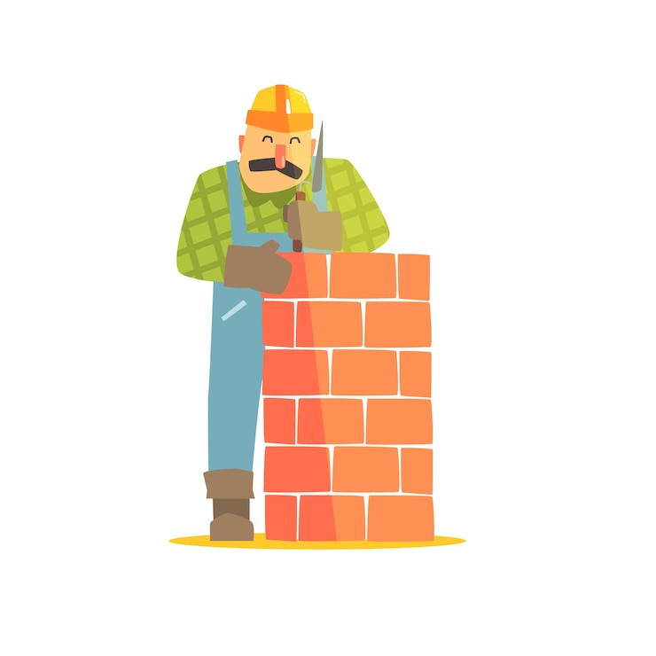 Vettore builder livellamento muro di mattoni sul cantiere