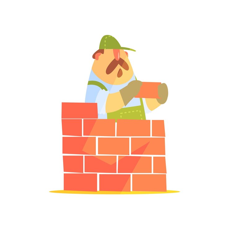 Vettore builder posa di un muro di mattoni sul cantiere
