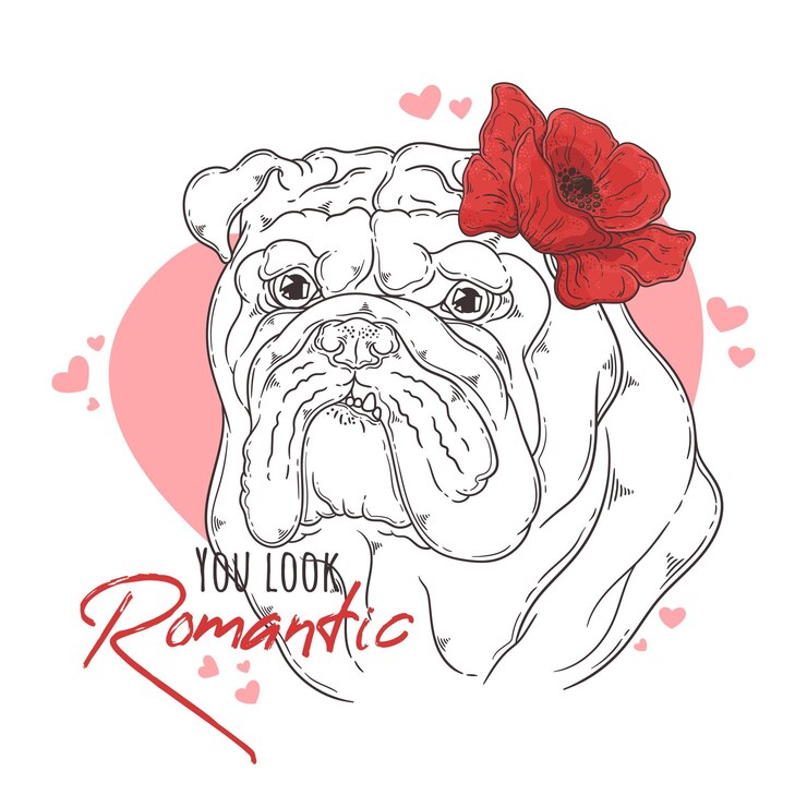 Vettore bulldog disegnato a mano con fiori