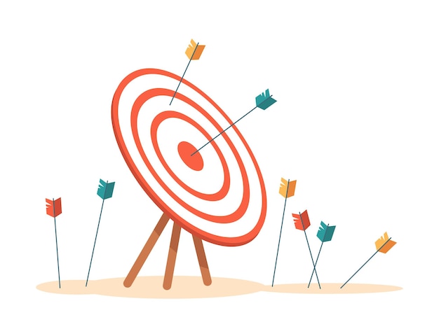 Bullseye con le frecce che colpiscono l'obiettivo isolato obiettivo con missione di affari di tentativi falliti e falliti