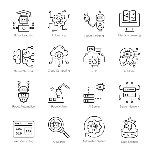 Bundle di 16 icone lineari di apprendimento automatico