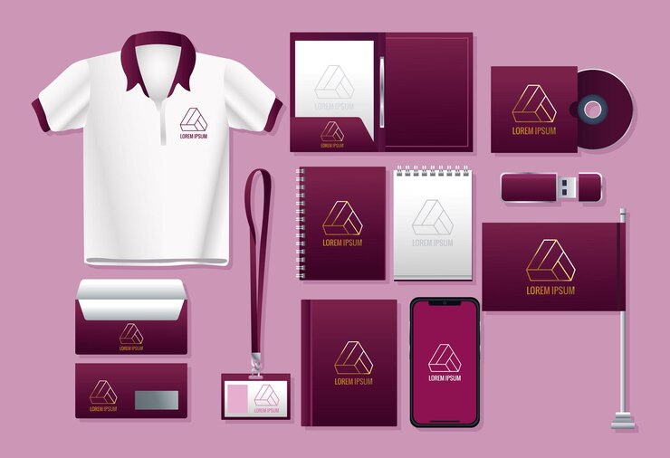 Vettore bundle di branding impostare le icone in sfondo rosa illustrazione