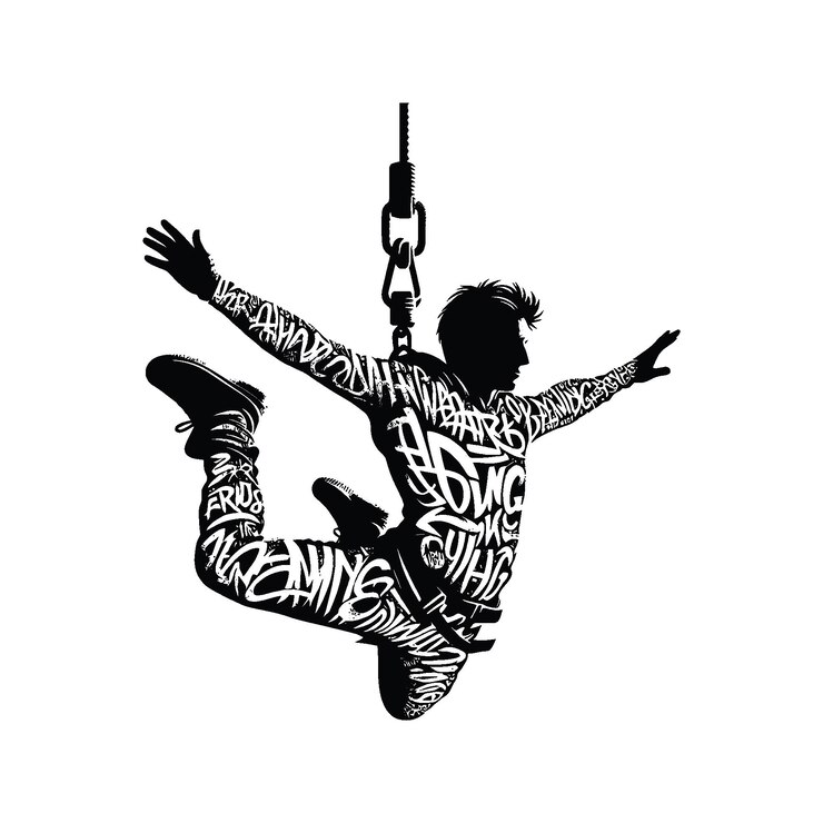 Vettore bungee jumping giocatore maschio in graffiti tag street art modello illustrazione emblema scudo badge