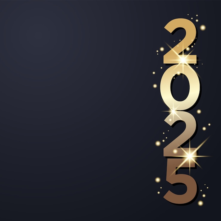Vettore buon anno nuovo 2025 sfondo quadrato con tema nero o scuro e area vuota