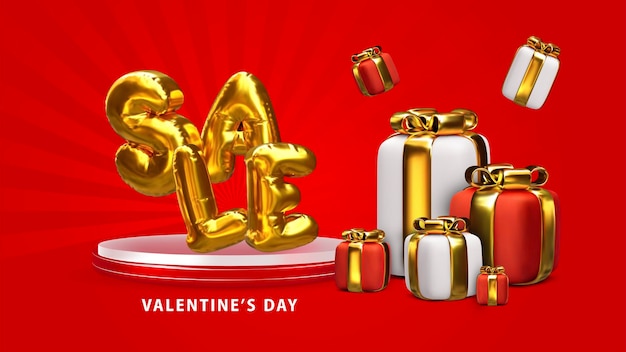 Buon banner di san valentino con cuori d'oro e sfondo rosso Vettore Premium