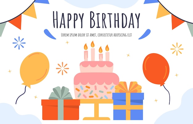 Buon compleanno cartellone scatole regalo vicino torta con candele presenti e sorpresa saluto e