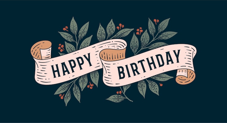 Vettore buon compleanno. cartolina d'auguri retrò con nastro e testo buon compleanno.