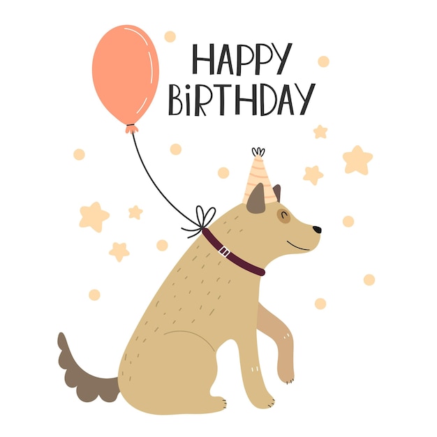 Buon compleanno cartone animato cane disegno a mano lettere elementi decorativi