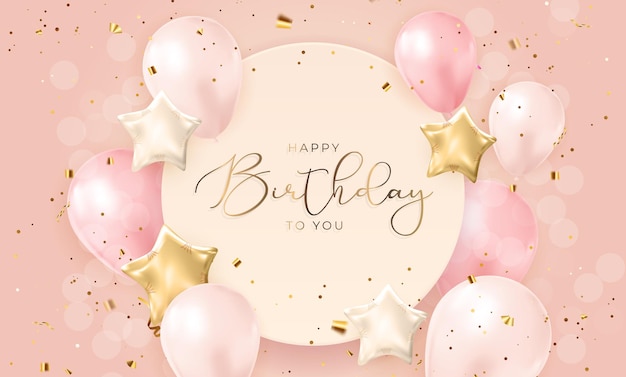 Buon compleanno congratulazioni banner design con palloncini di coriandoli per sfondo festa festa