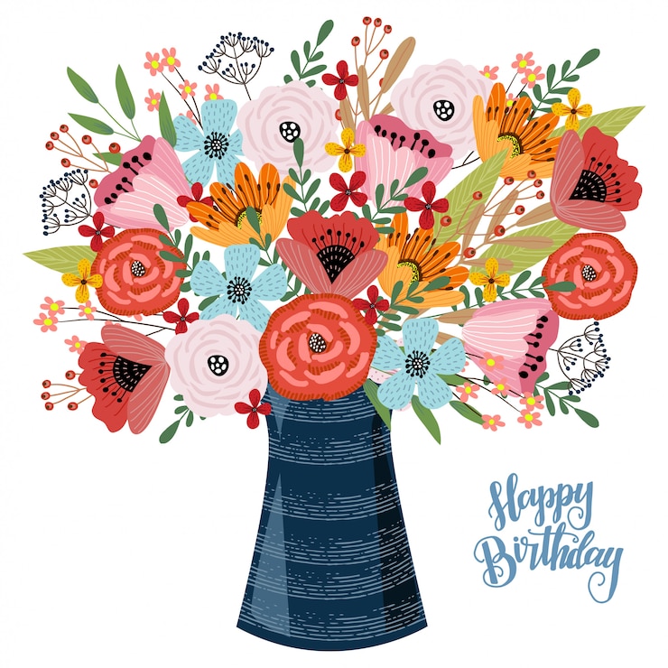 Vettore buon compleanno. disegnare a mano floreale, vaso con fiori,