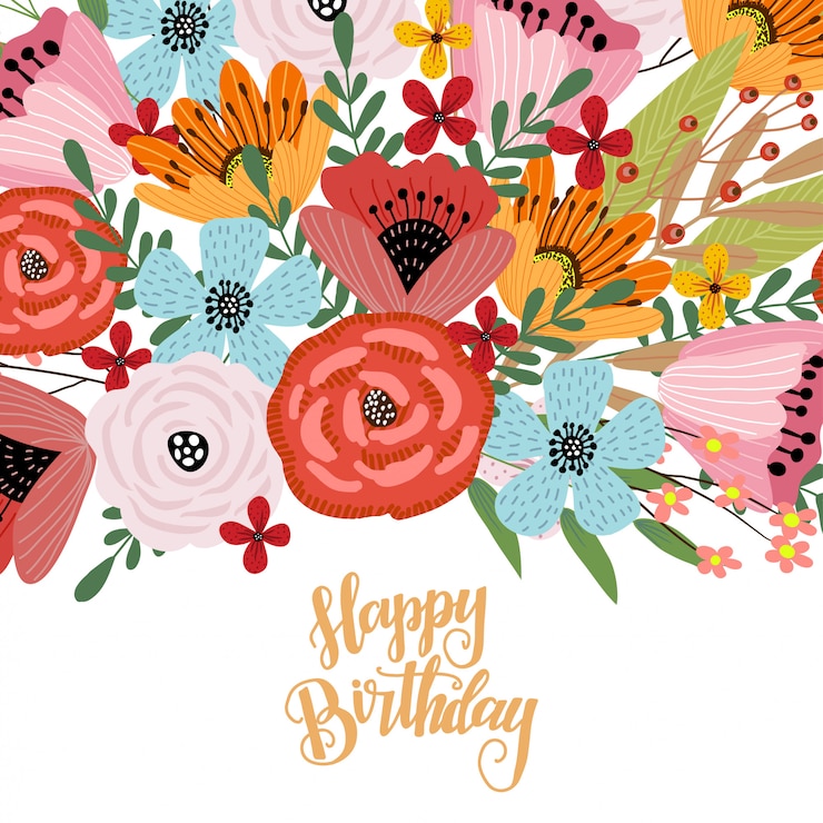Vettore buon compleanno. modello di cartolina con mano carina disegno brillante bouquet di fiori,