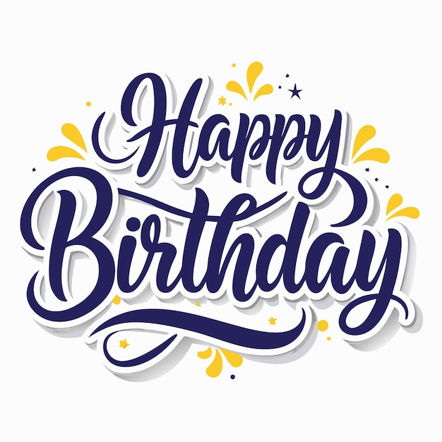 Buon compleanno scritto in grassetto blu con stelle gialle e confetti