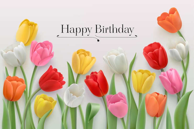 Vettore buon compleanno sullo sfondo con tulipani realistici colorati