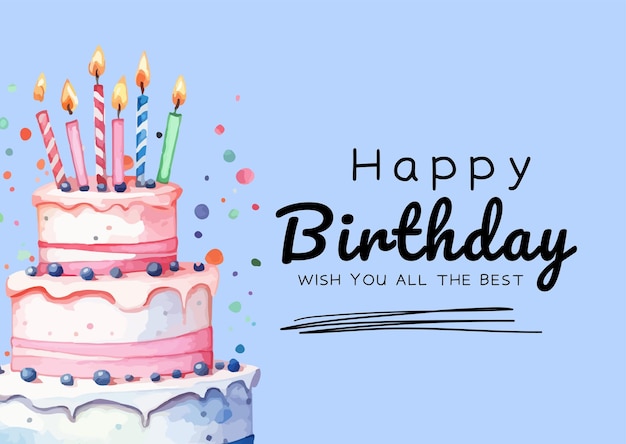 Buon compleanno torta acquerello illustrazione modello di carta di sfondo blu