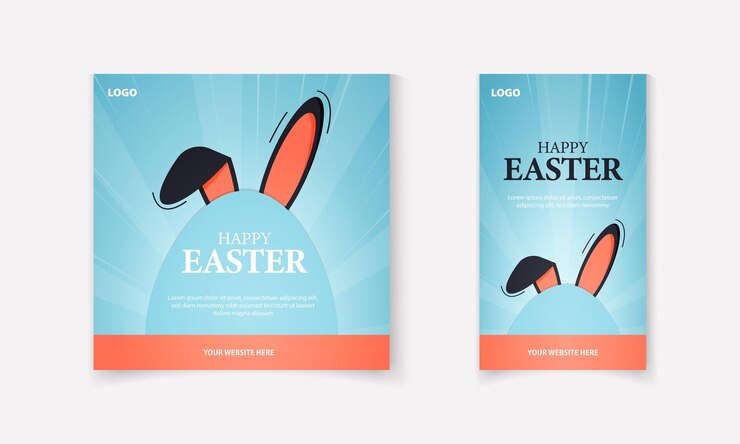 Vettore buon giorno di pasqua, saluto, vendita di biglietti, post sui social media, modello di banner con orecchie di coniglio, uova.