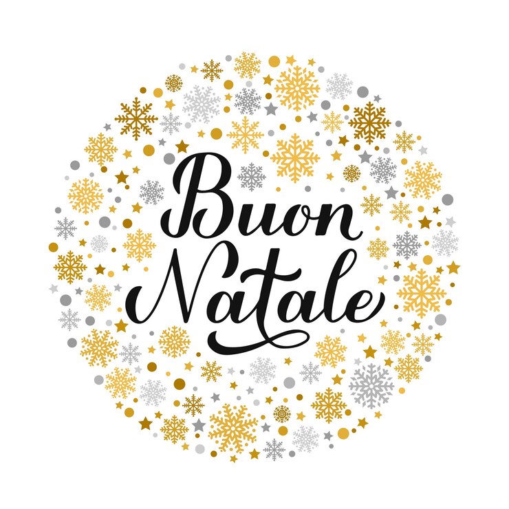 Vettore buon natale calligrafia scritte a mano con fiocchi di neve oro e argento stelle e punti poster tipografia merry christmas in italiano modello vettoriale per biglietto di auguri banner flyer invito ecc