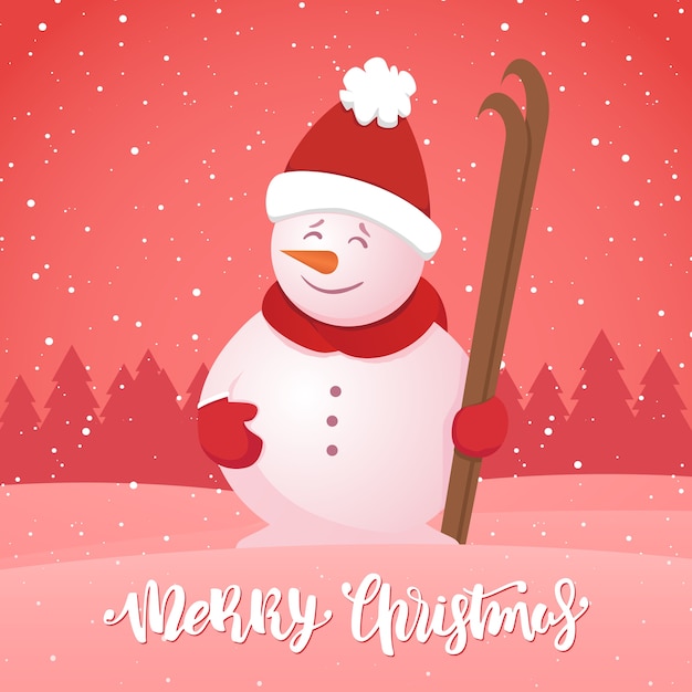 Buon Natale. Cartolina d'auguri di inverno con pupazzo di neve con sci su sfondo bosco innevato.