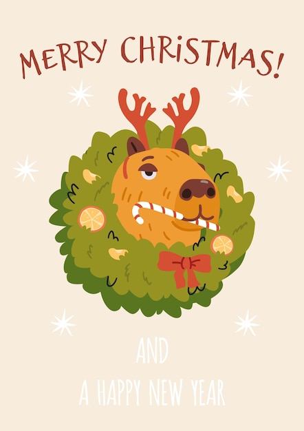Buon Natale e buon anno nuovo biglietto di auguri con divertente capybara