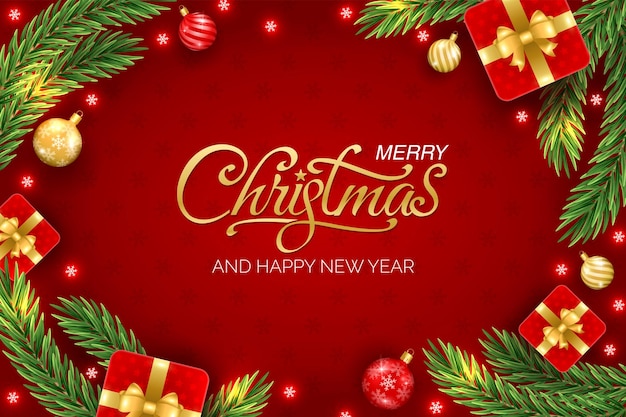 Buon Natale e Buon Anno sullo sfondo con palle di rami di Natale fiocchi di neve