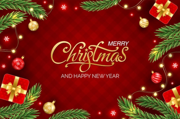 Buon Natale e Buon Anno sullo sfondo con palle di rami di Natale fiocchi di neve