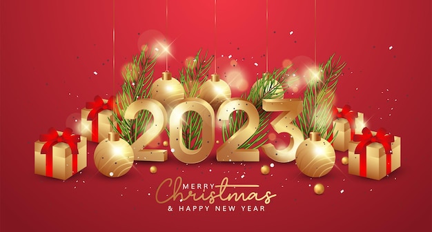 Buon Natale e felice anno nuovo 2023 saluto su sfondo rosso