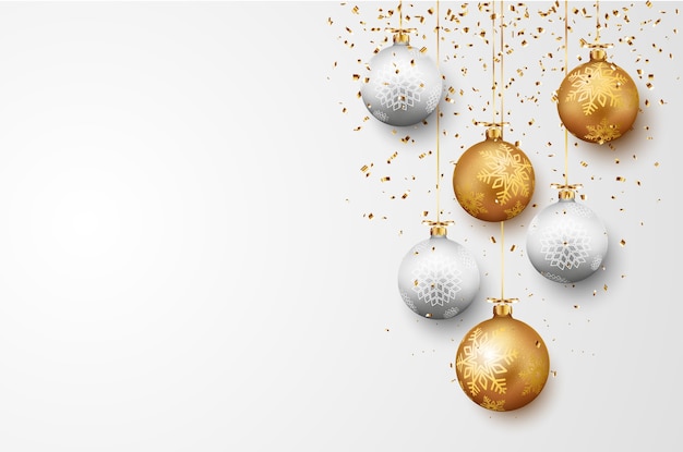 Buon natale e felice anno nuovo design con palline e coriandoli