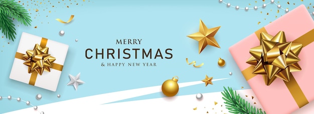 Buon Natale e felice anno nuovo fiocco d'oro con fiocco regalo scatola banner design su sfondo blu