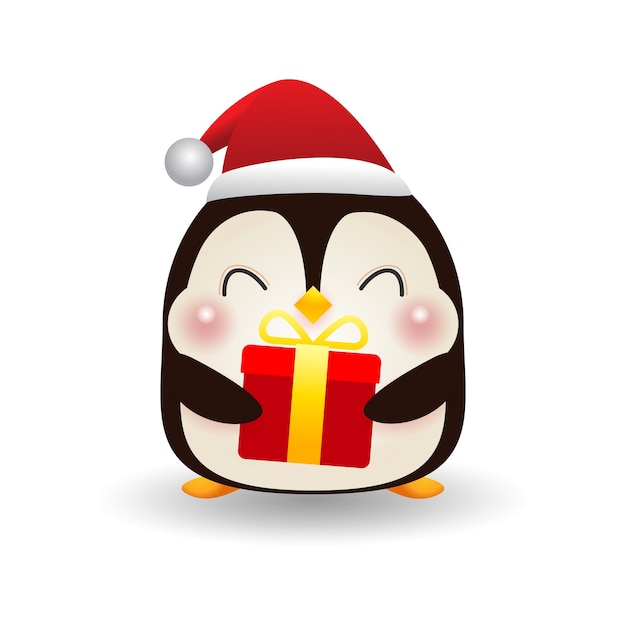 Buon Natale e felice anno nuovo poster carino di felice pinguino che indossa cappelli di Natale con regalo