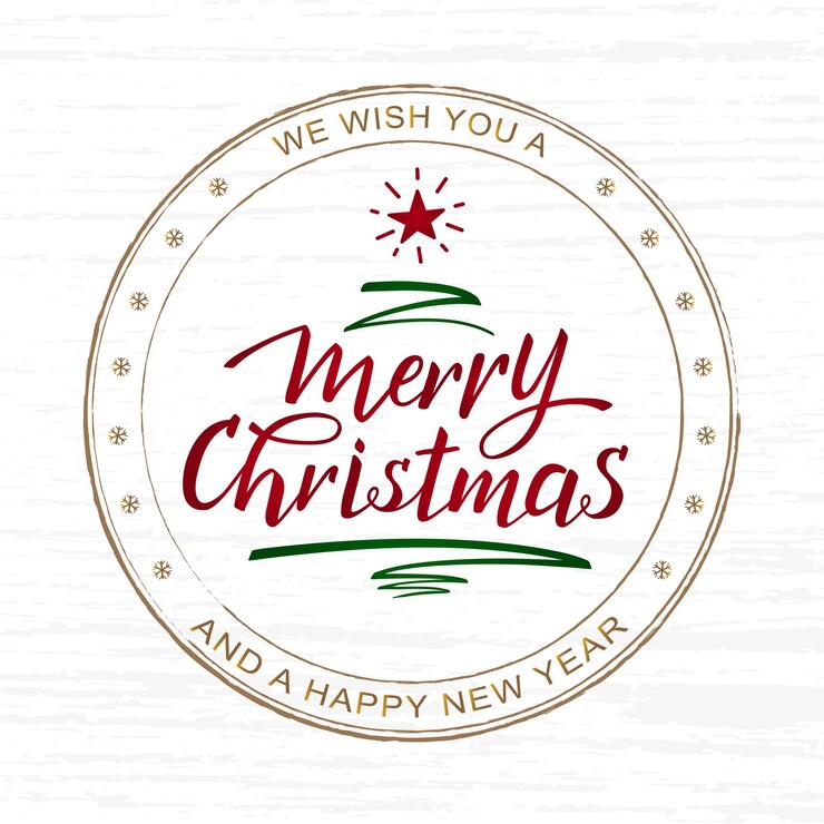Vettore buon natale e felice anno nuovo scritti a mano e un timbro di gomma dell'albero di natale