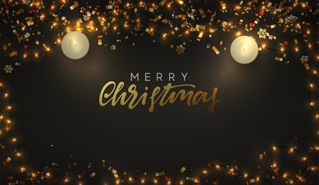 Buon Natale e Felice Anno nuovo. Sfondo festivo con ghirlande luminose scintillanti, orpelli dorati, coriandoli dorati, candele decorative realistiche sono accese. illustrazione vettoriale