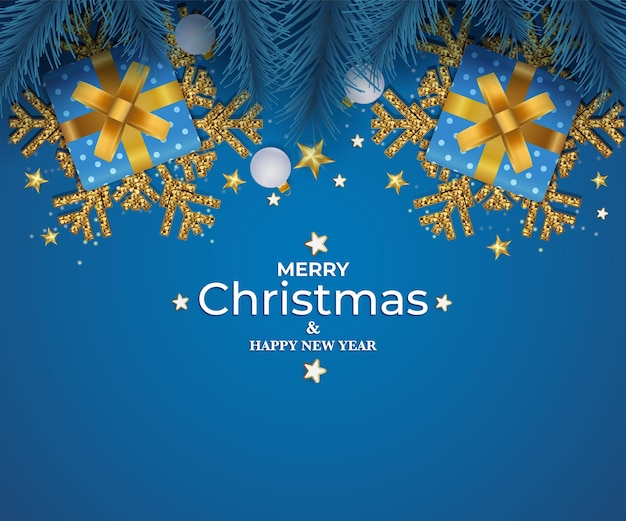 Buon Natale e felice anno nuovo sfondo natalizio con decorazioni e scatole regalo