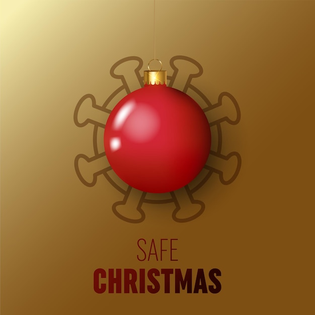 Buon Natale e sicuro. Palla di Natale rossa e pericolo di coronavirus in quarantena.
