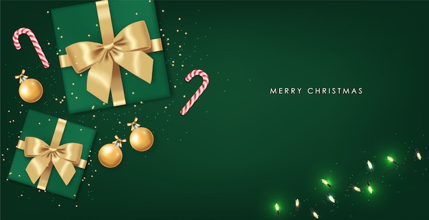 Buon Natale, elementi di design decorativo, inverno, sfondo di celebrazione, luci realistiche, caramelle di Natale, palla d'oro e regalo con fiocco, sfondo verde